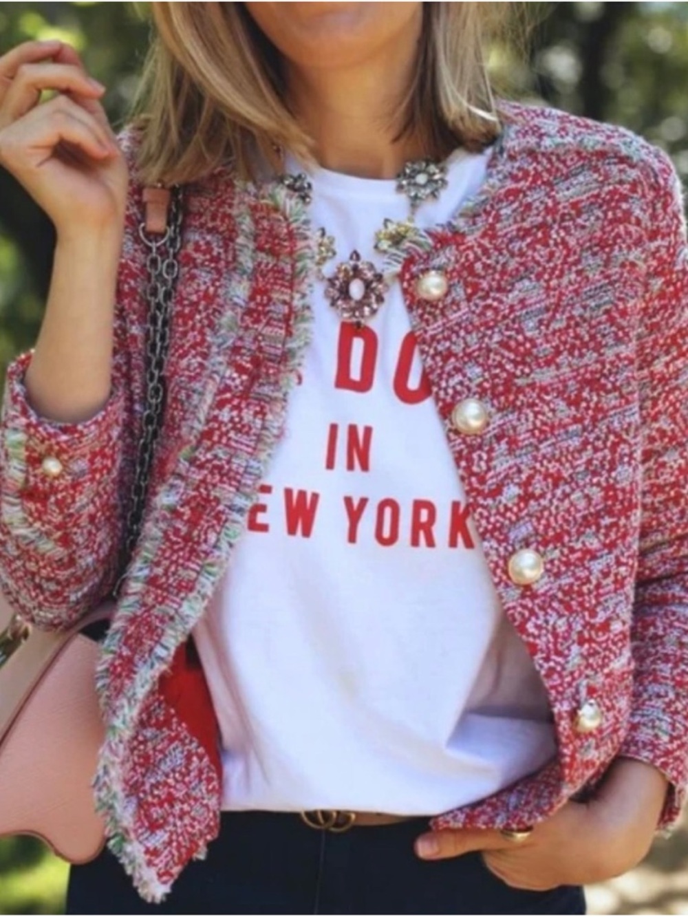 Zara Red Tweed Pearl-Button Jacket